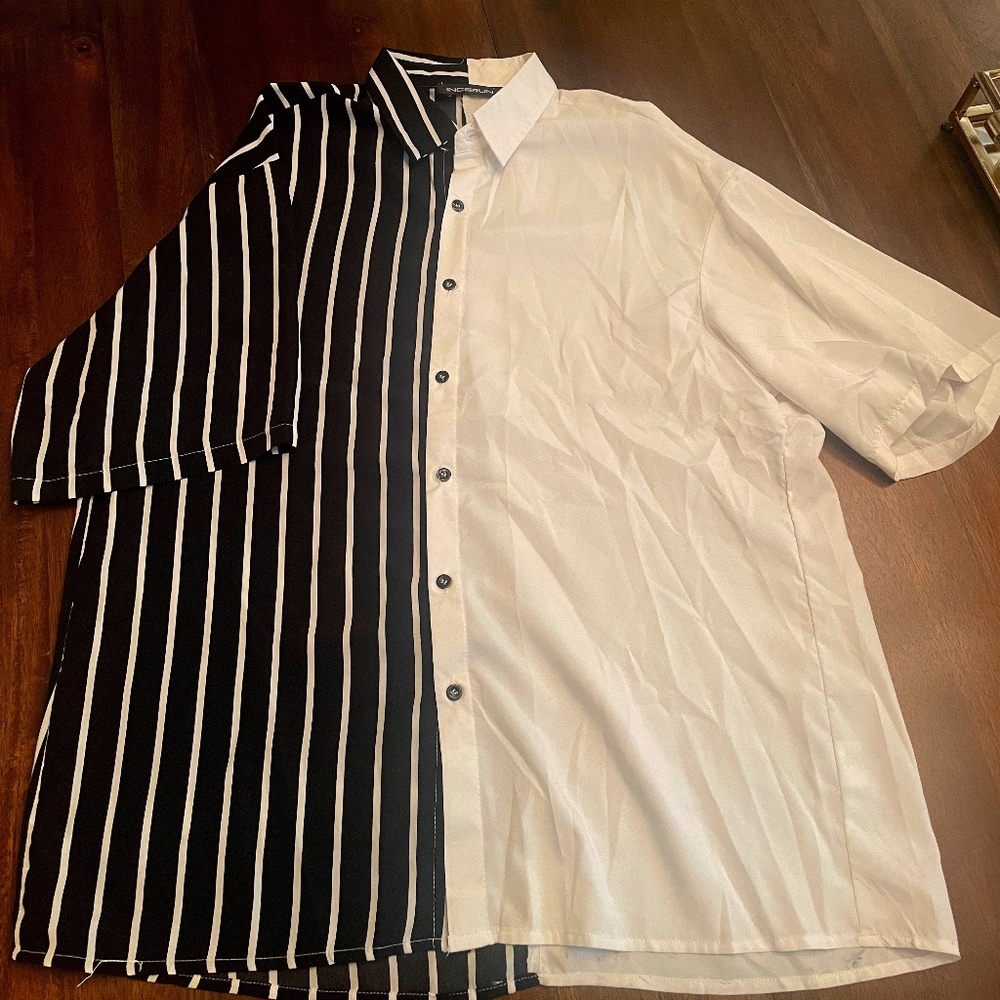 INCERUN - black and white striped half and half buttonup